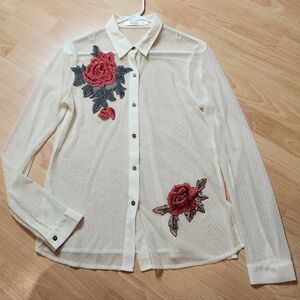 K-Zell Ivory Sheer Stretch Mesh Red Floral Embroidery Long Sleeve Button Shirt 3
